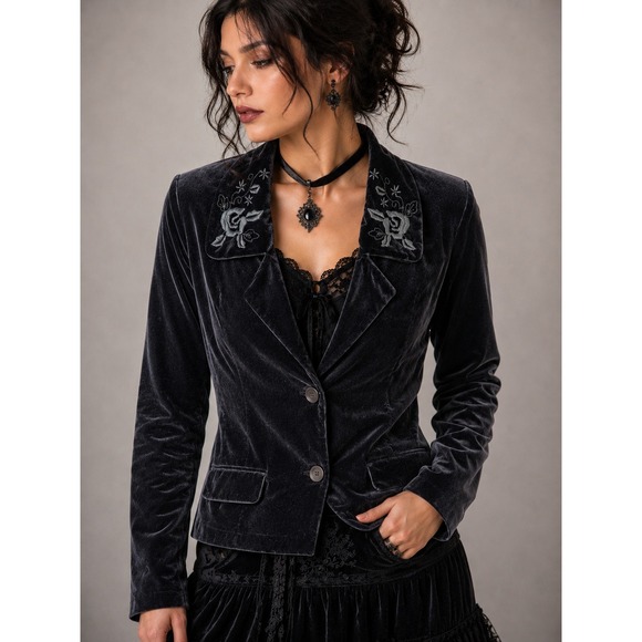 White Stag Jackets & Blazers - White Stag Black Velour Rose Embroidered Blazer Jacket Small Whimsigoth Goth Y2K